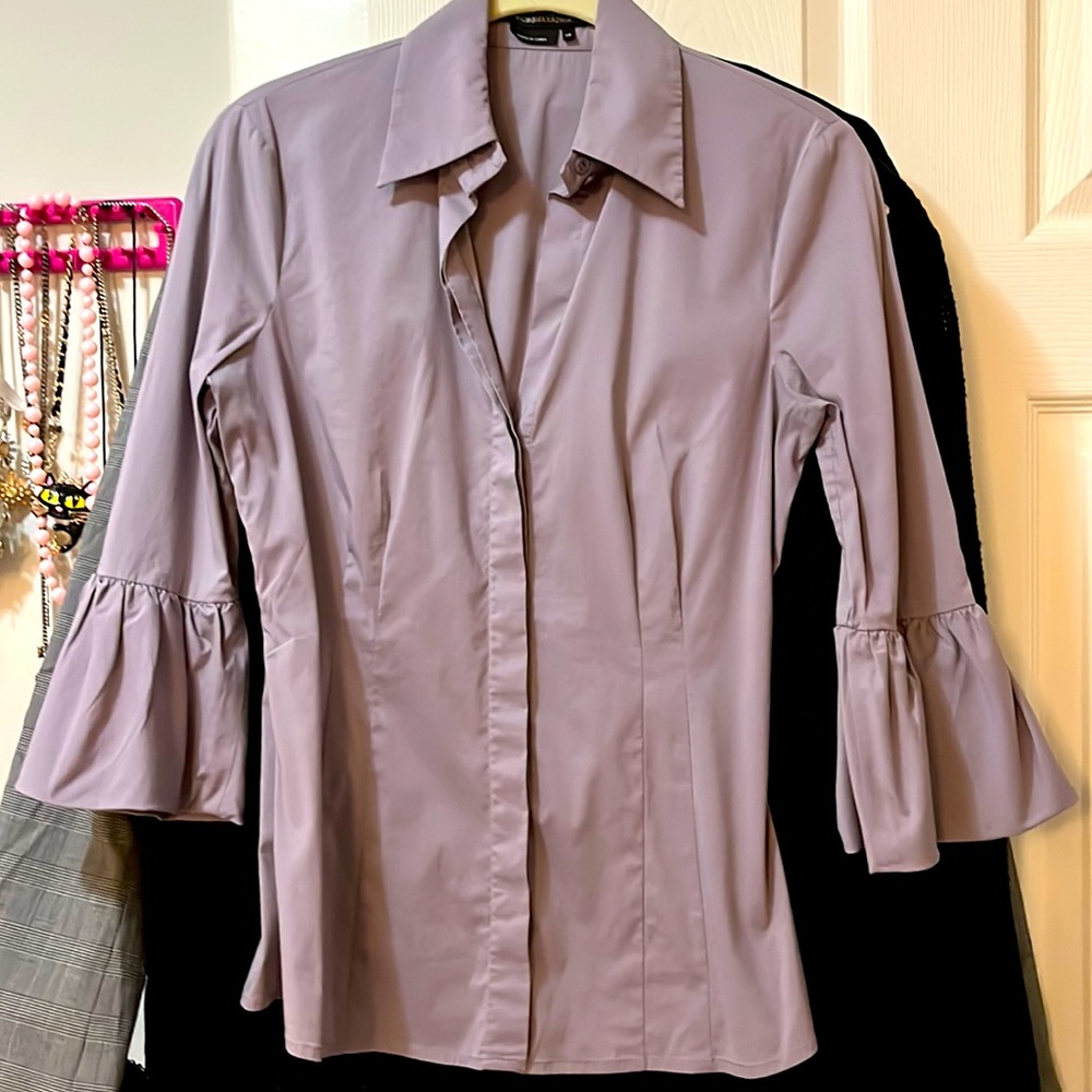 BCBG Max Azaria Puff Sleeve dusky lilac button up shirt size XS